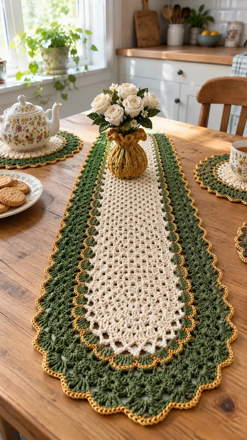 Elegant Green & Cream Table Runner Pattern crochet pattern - detailed view of completed project