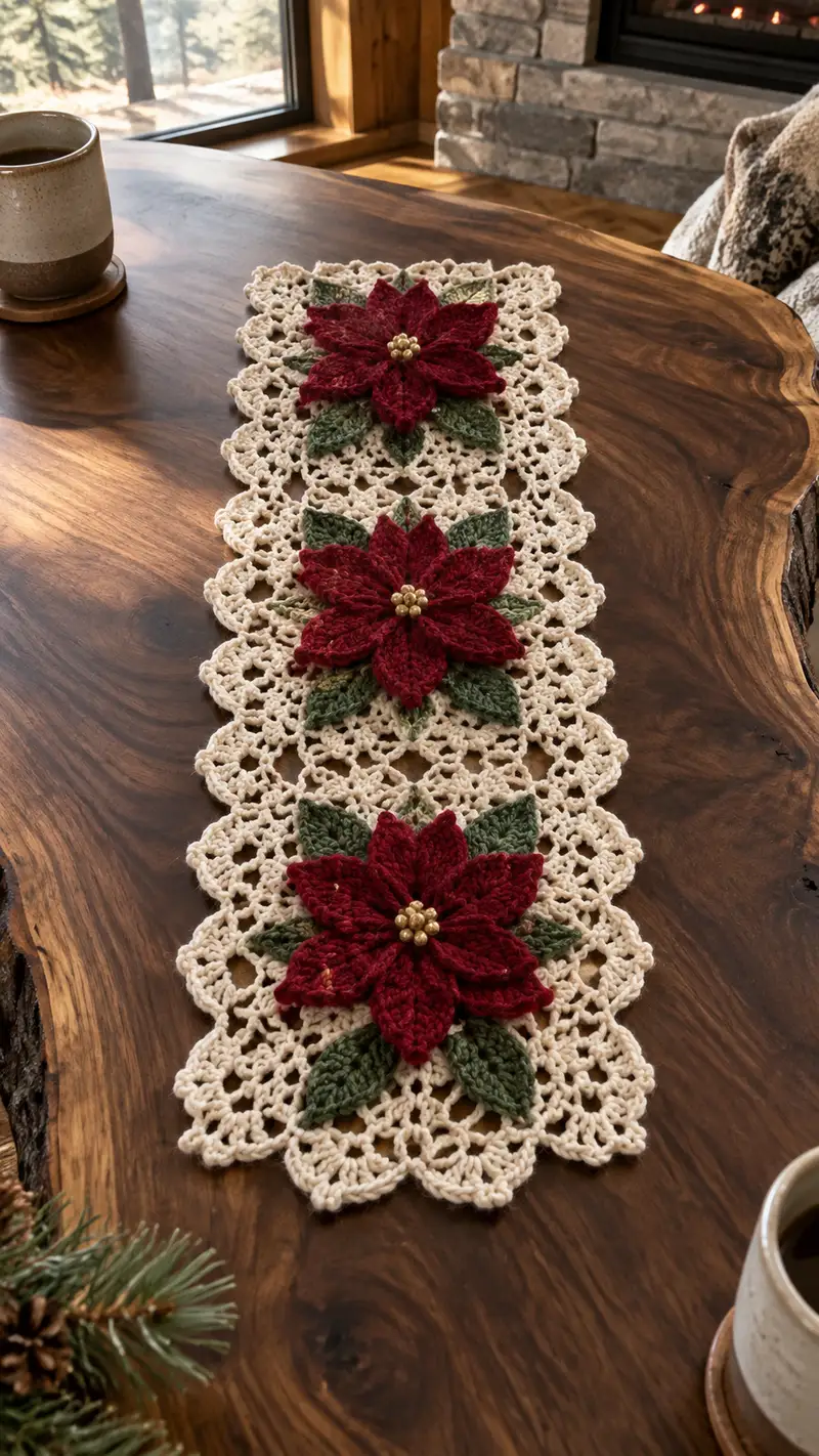 Deep Red Poinsettia Cream Lace Table Runner Pattern crochet pattern - detailed view of completed project
