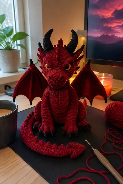 Crimson Dragon Plush Amigurumi Pattern step 1 - construction progress