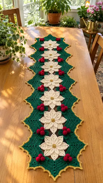 Festive Poinsettia Table Runner Pattern step 1 - construction progress