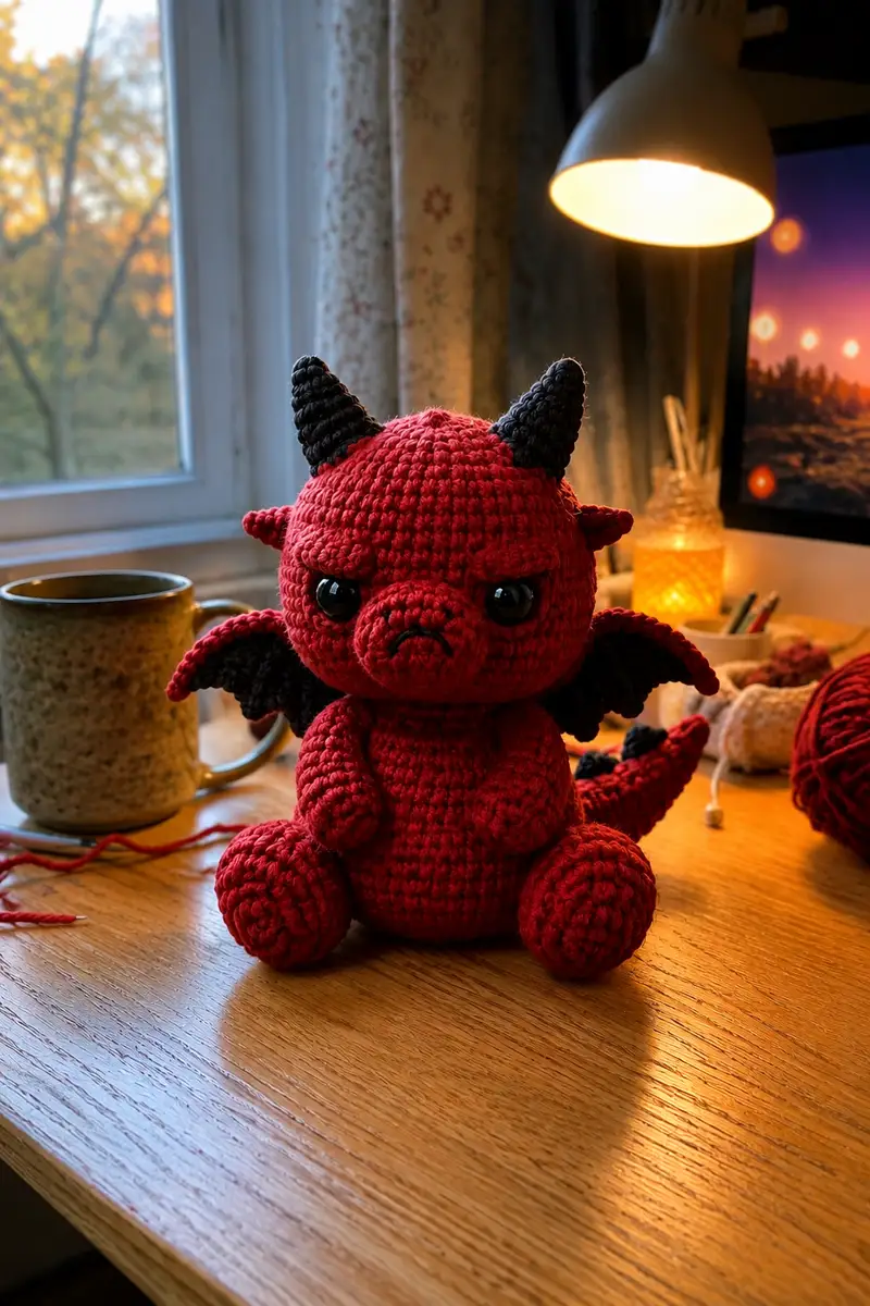 Free crochet pattern: Little Grumpy Red Devil Dragon with Pouty Face Amigurumi Pattern - Intermediate level tutorial