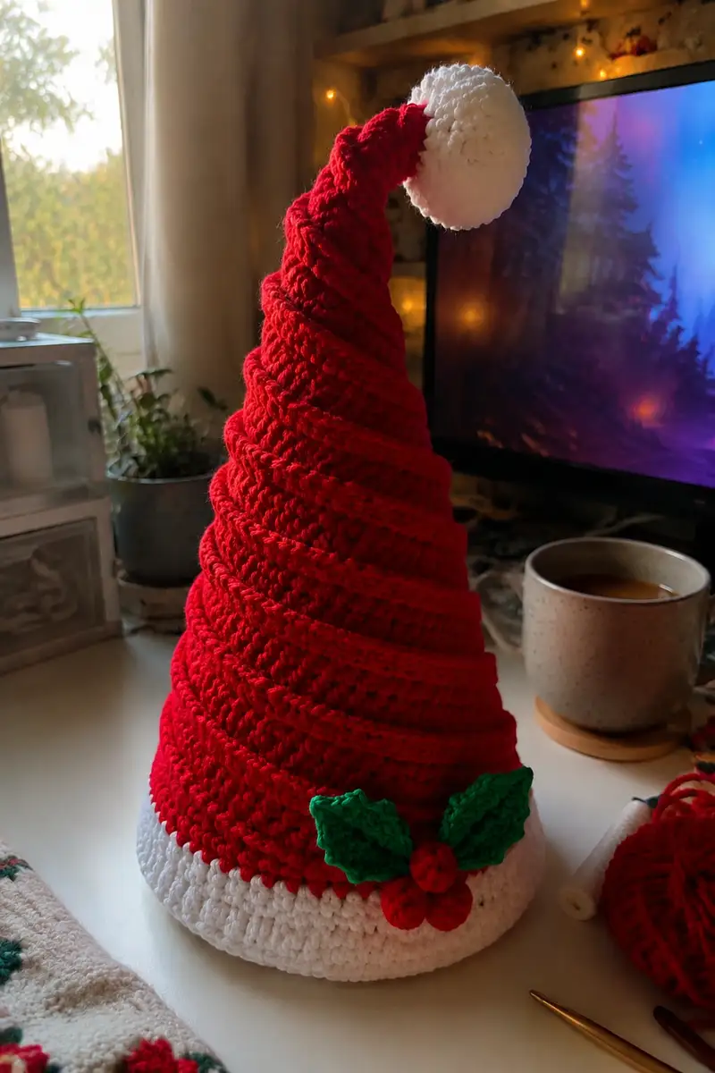 Big Red Spiral Santa Hat with White Pom Pom and Holly Amigurumi Pattern crochet pattern - detailed view of completed project