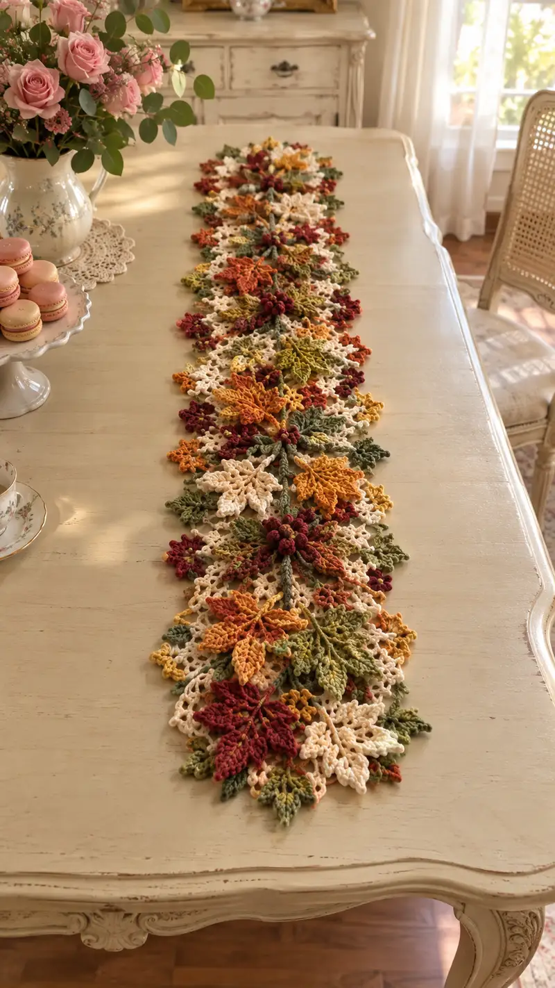 Autumn Leaf Mustard And Cream Table Runner Pattern crochet pattern - detailed view of completed project