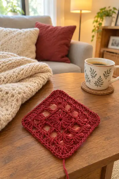 Deep Red Textured Granny Square Pattern step 2 - assembly progress