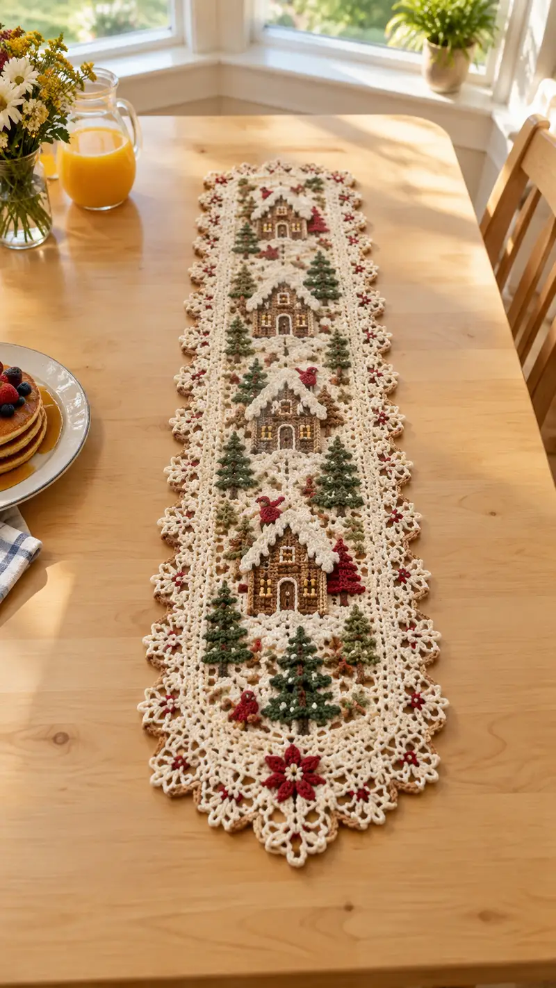 Cream And Burgundy Cottage Table Runner Pattern crochet pattern - detailed view of completed project