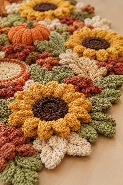 Autumn Sunflower Harvest Table Runner Pattern step 2 - assembly progress