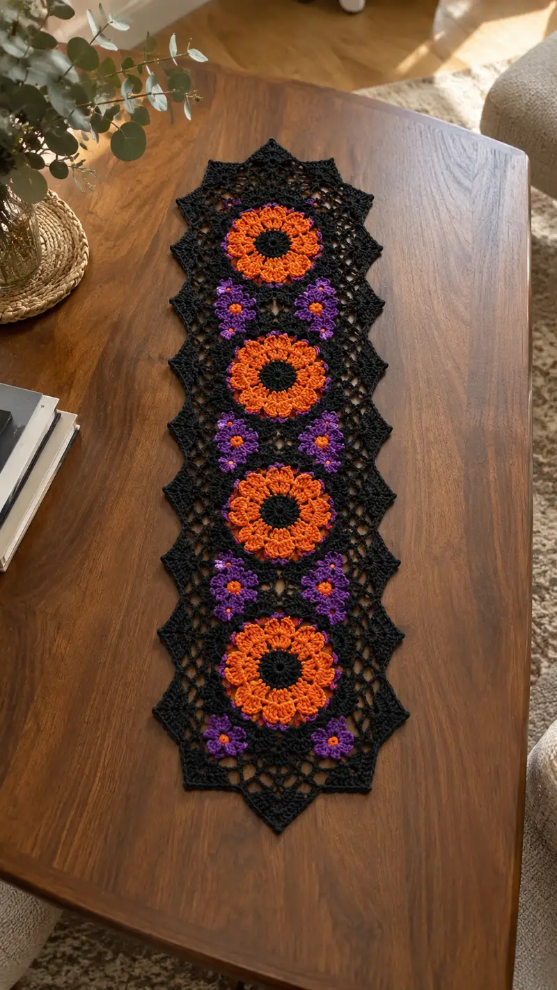 Halloween Floral Table Runner Pattern crochet pattern - detailed view of completed project