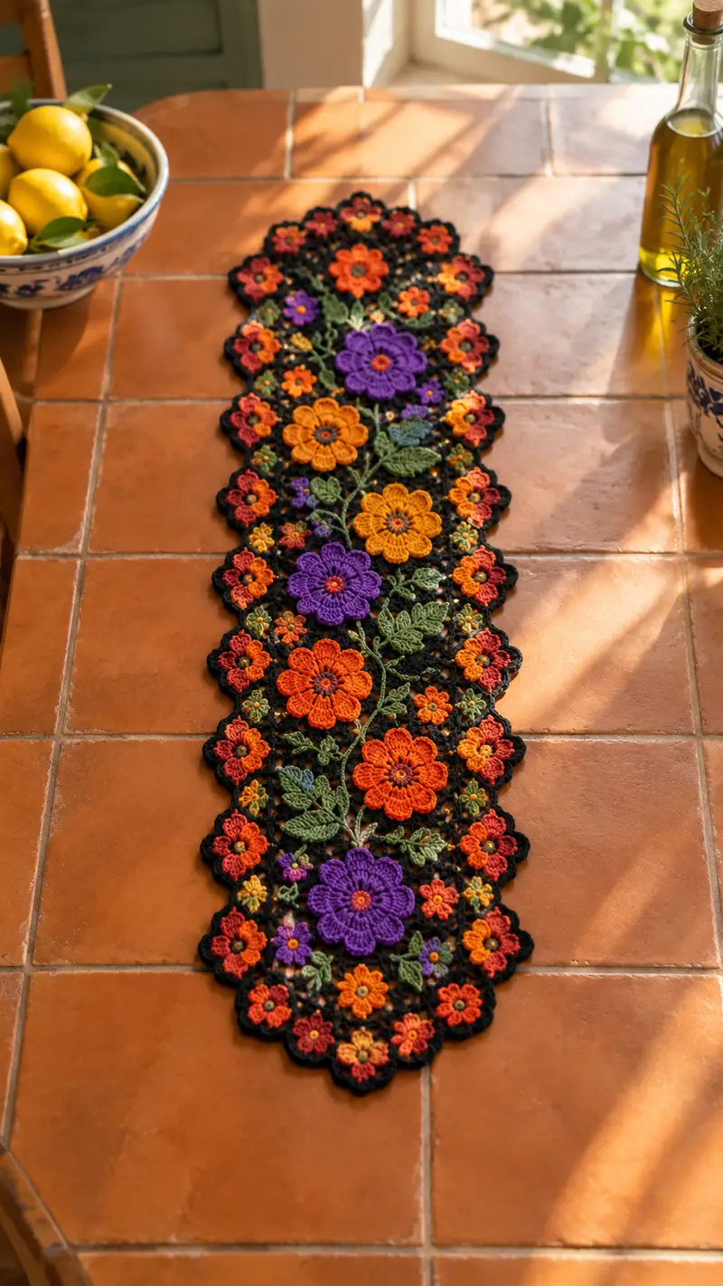 Floral Mosaic Table Runner Pattern crochet pattern - detailed view of completed project