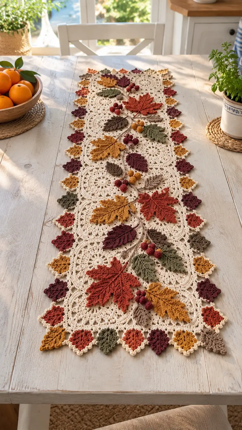 Autumn Leaves Table Runner Pattern crochet pattern - detailed view of completed project