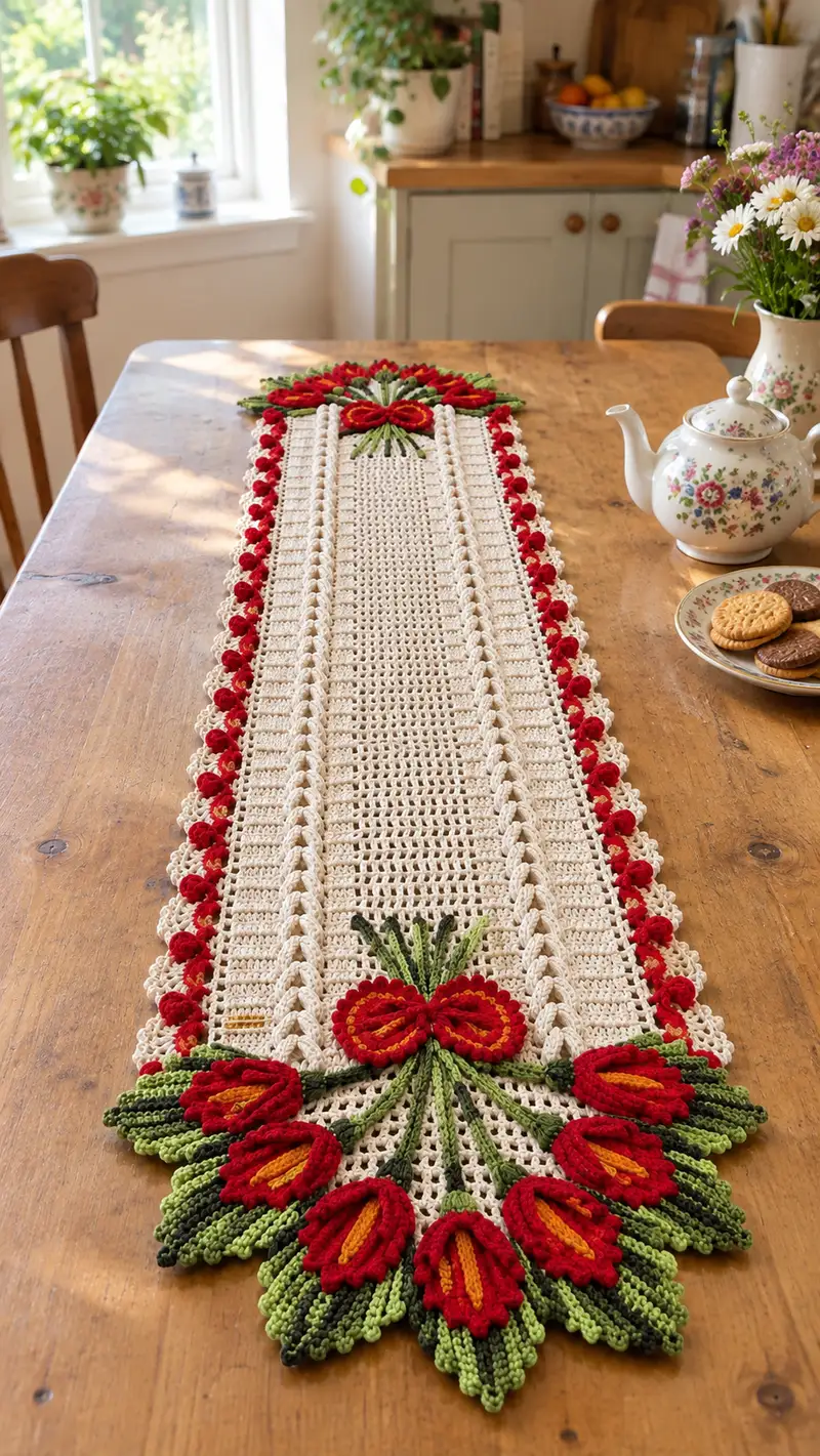 Vintage Tulip Table Runner Pattern crochet pattern - detailed view of completed project