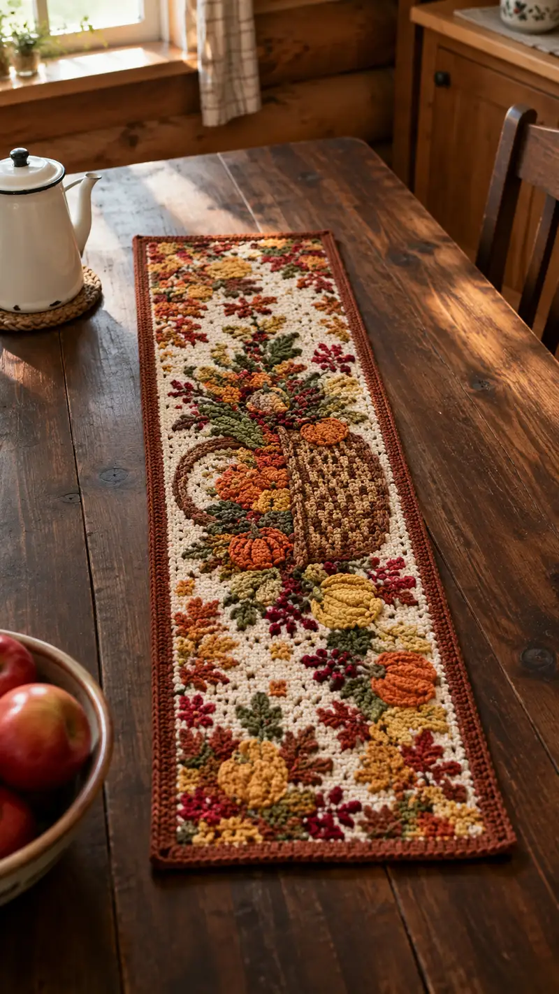 Autumn Harvest Table Runner Pattern crochet pattern - detailed view of completed project