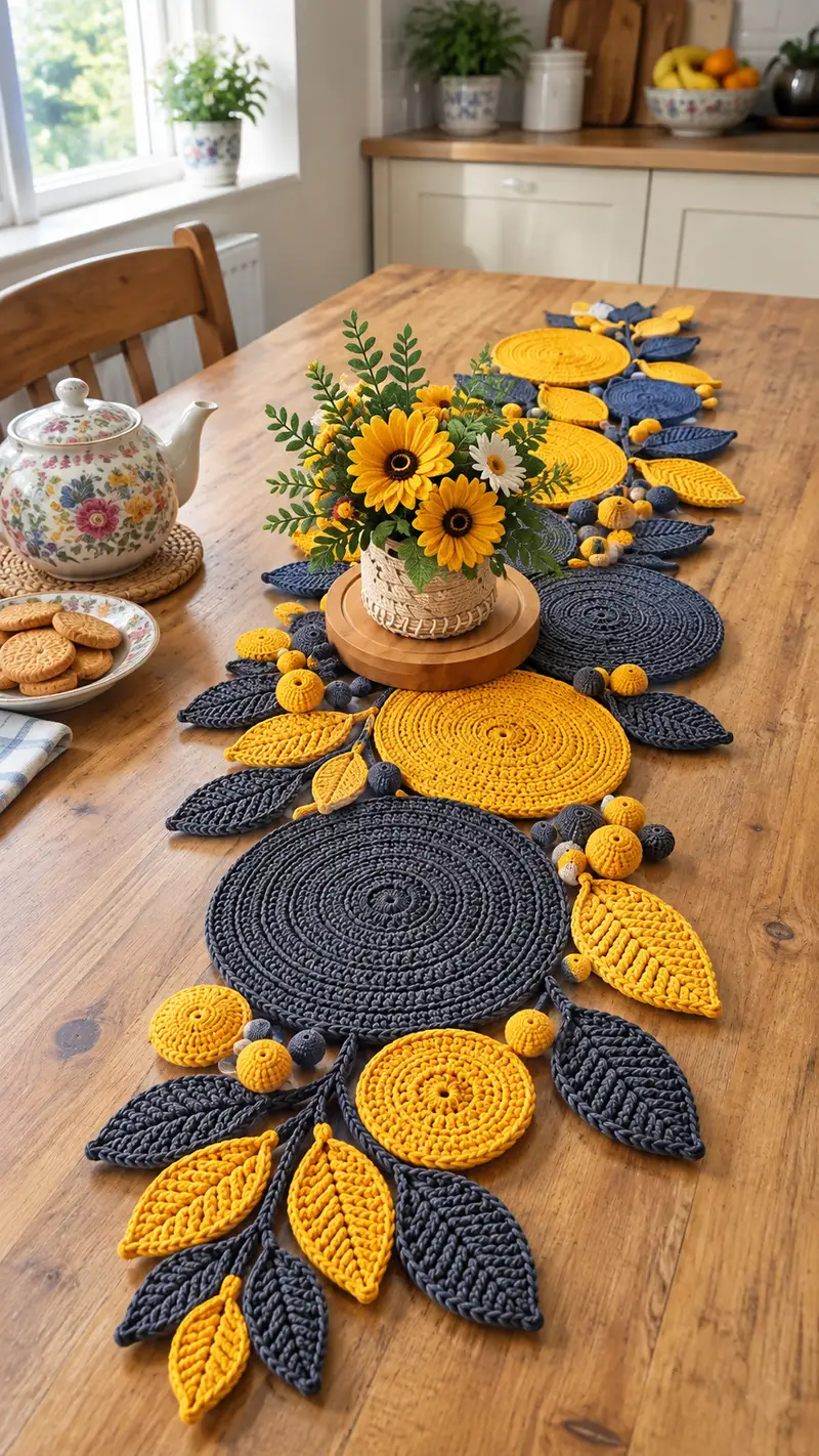 Sunflower Table Runner Pattern crochet pattern - detailed view of completed project