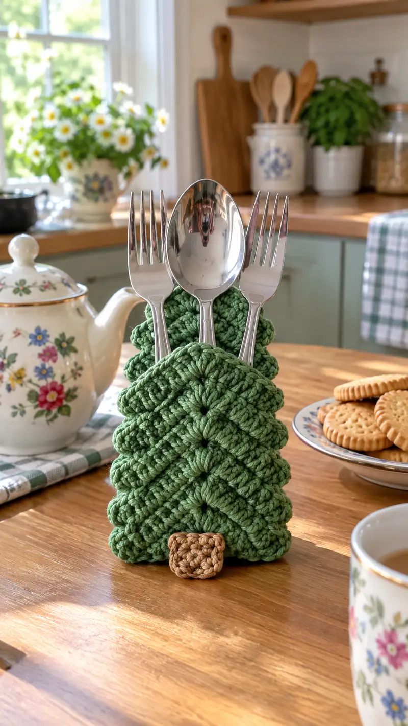 Festive Tree Utensil Holder Pattern crochet pattern - detailed view of completed project