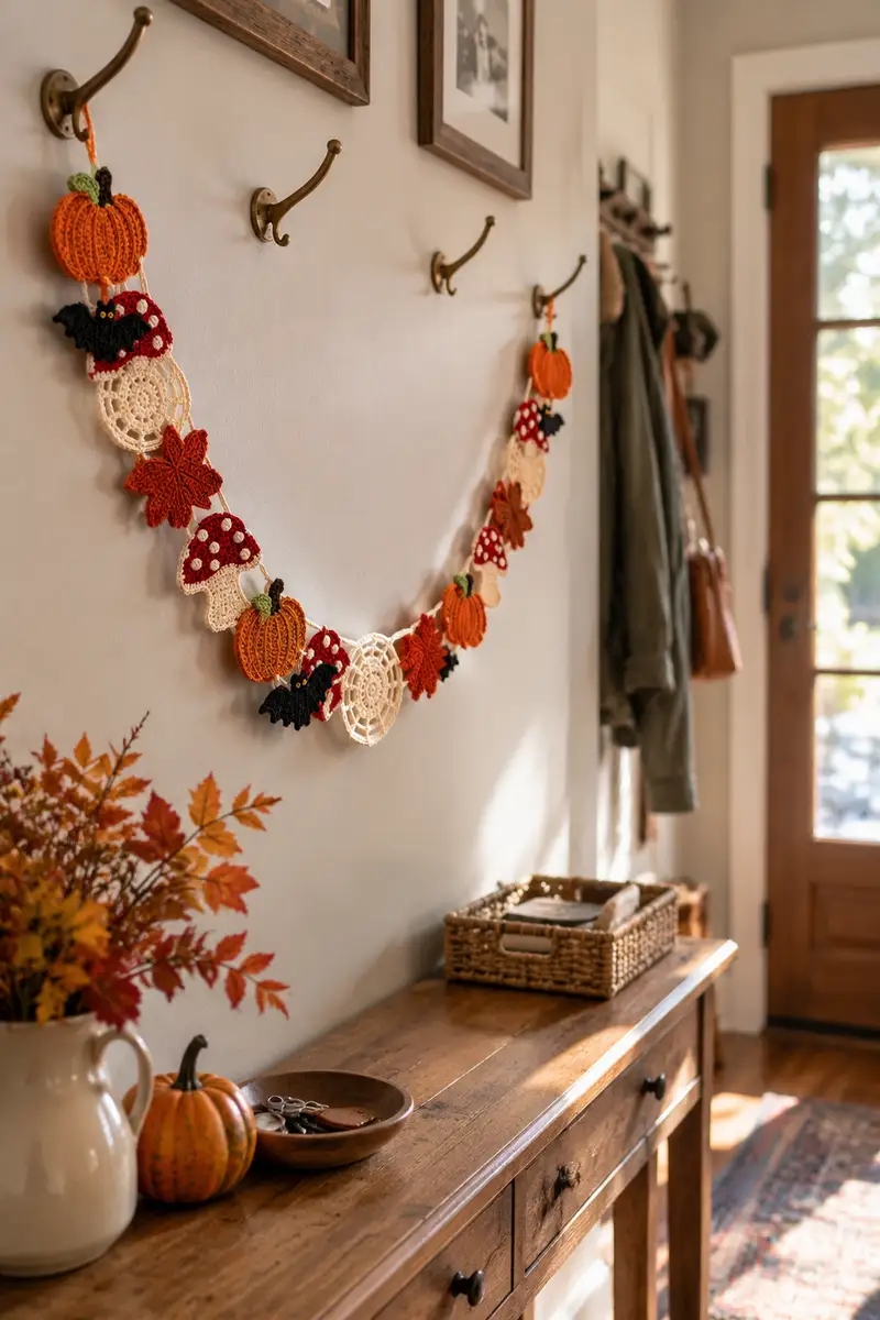 Mushroom Pumpkin and Bat Autumn Halloween Table Runner Pattern crochet pattern - detailed view of completed project
