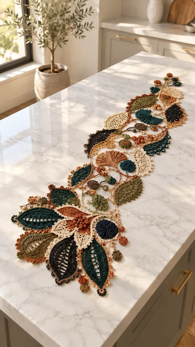 Elegant Botanical Lace Table Runner Pattern crochet pattern - detailed view of completed project