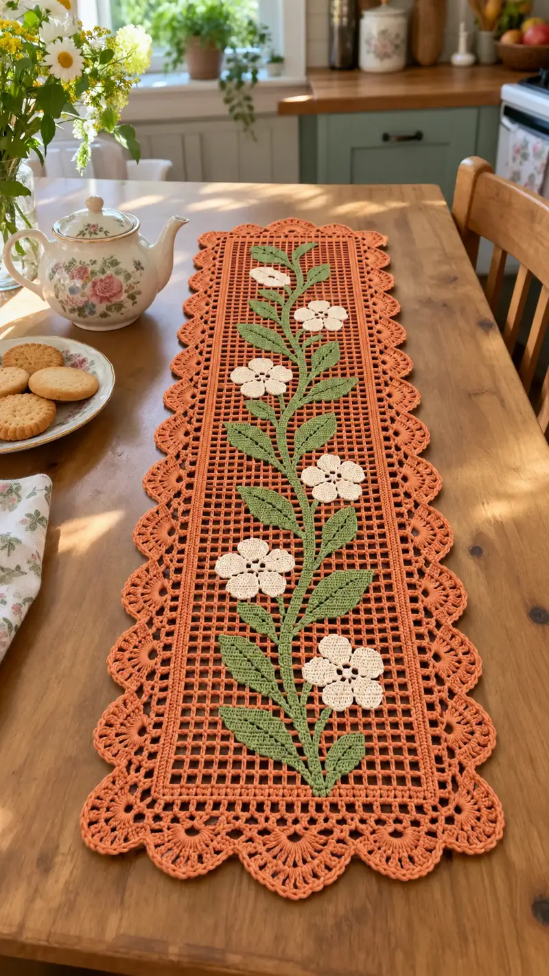 Vintage Floral Filet Table Runner Pattern crochet pattern - detailed view of completed project