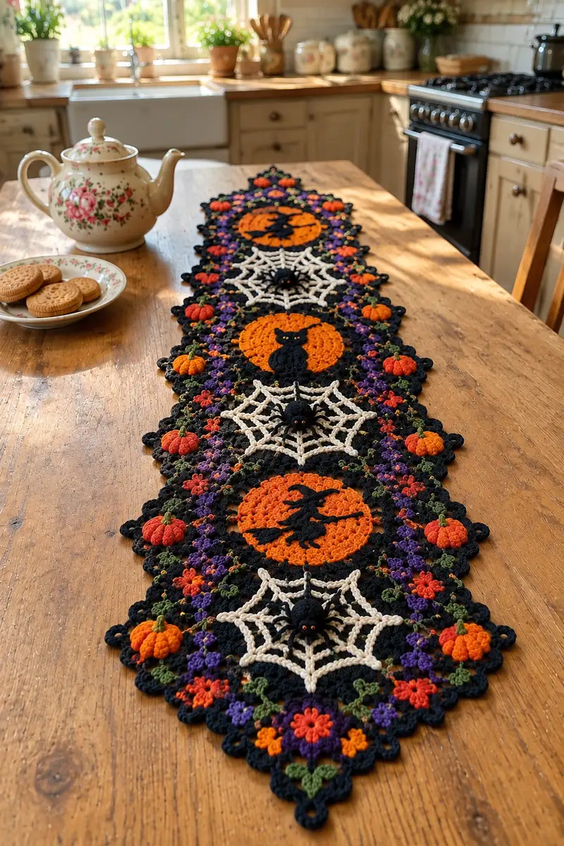 Spooky Harvest Table Runner Pattern crochet pattern - detailed view of completed project