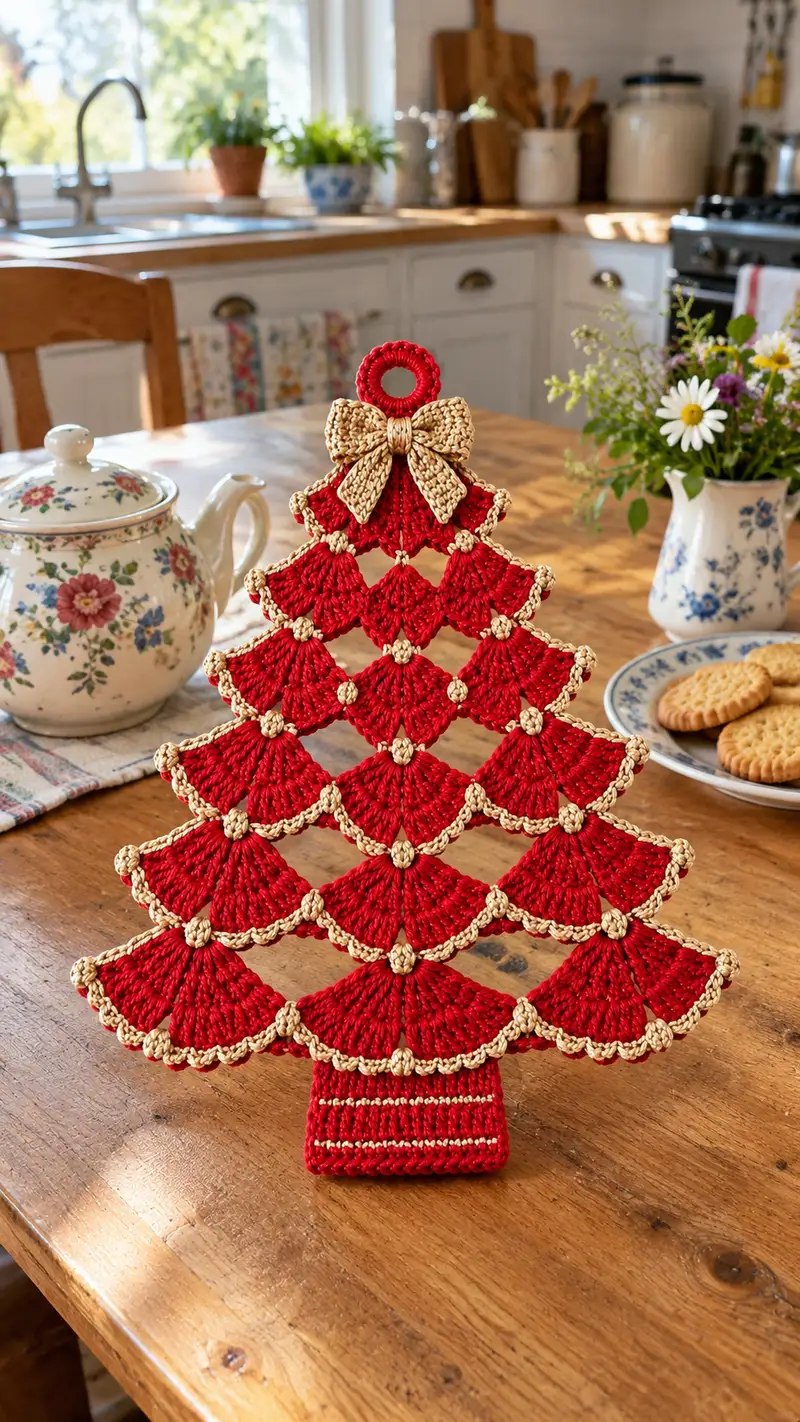 Lattice Fan Christmas Tree Tabletop Decoration Pattern crochet pattern - detailed view of completed project