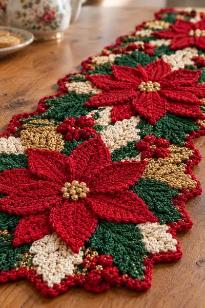 Festive Poinsettia Table Runner Pattern step 2 - assembly progress