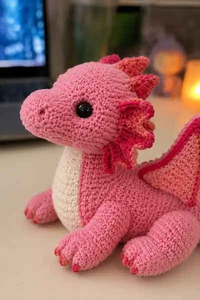 Big Pink Valentine Love Dragon with Heart Tail Amigurumi Pattern step 2 - assembly progress