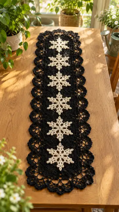 Cream Snowflake On Black Table Runner Pattern step 1 - construction progress