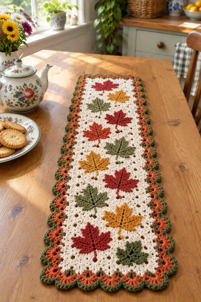 Free crochet pattern: Autumn Maple Leaf Table Runner Pattern - Intermediate level tutorial