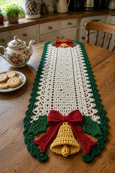 Christmas Bell and Ribbon Table Runner Pattern step 1 - construction progress