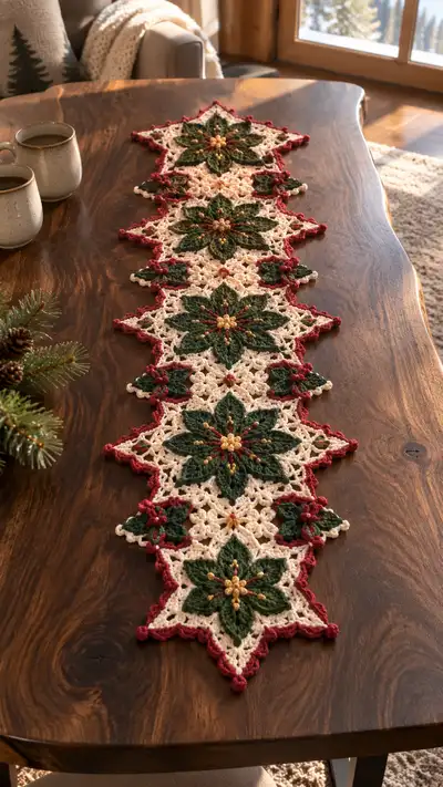Forest Green Cream Poinsettia Table Runner Pattern step 1 - construction progress