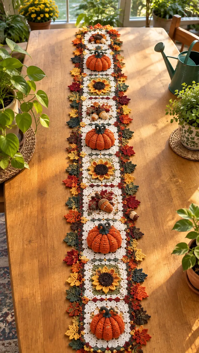 Autumn Harvest Table Runner Pattern crochet pattern - detailed view of completed project