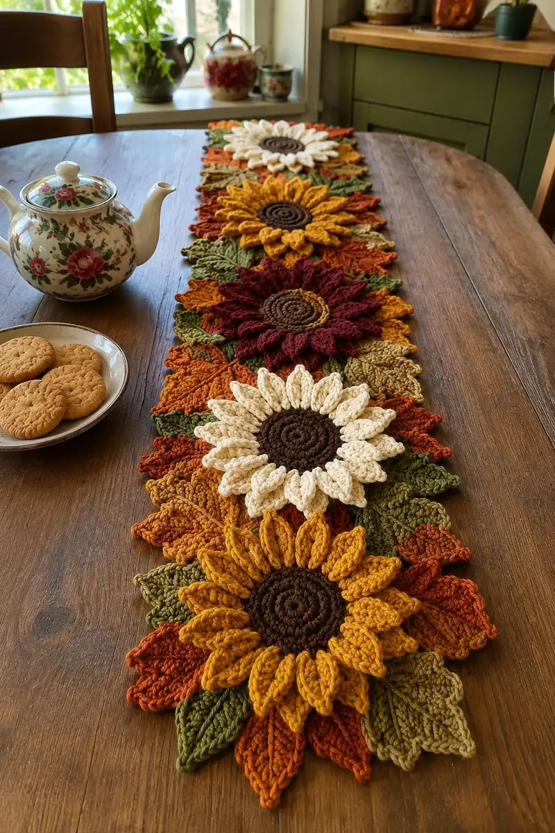 Sunflower Maple Table Runner Pattern crochet pattern - detailed view of completed project