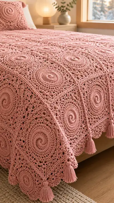 Dusty Rose Spiral Granny Bedspread Pattern step 2 - assembly progress