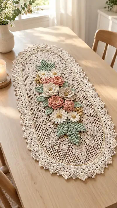 Elegant Floral Crochet Table Runner Pattern step 1 - construction progress