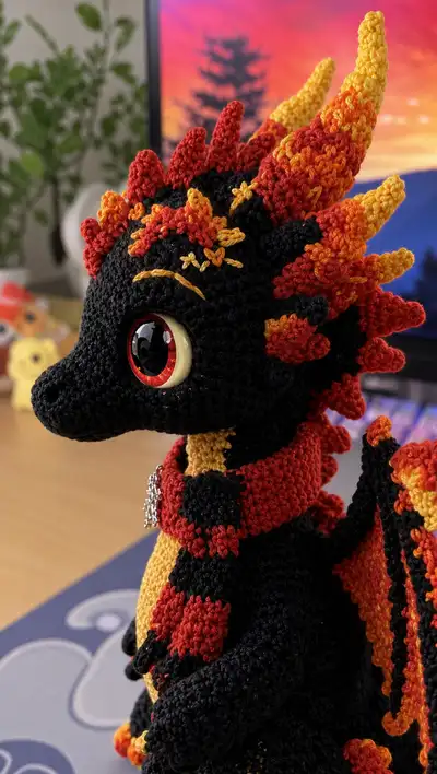 Fiery Spike Dragon Amigurumi Pattern step 2 - assembly progress