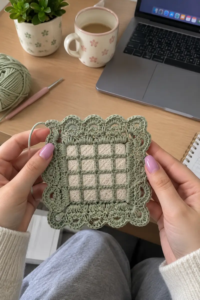 Sage Green Natural Bedspread Square Motif Pattern crochet pattern - detailed view of completed project