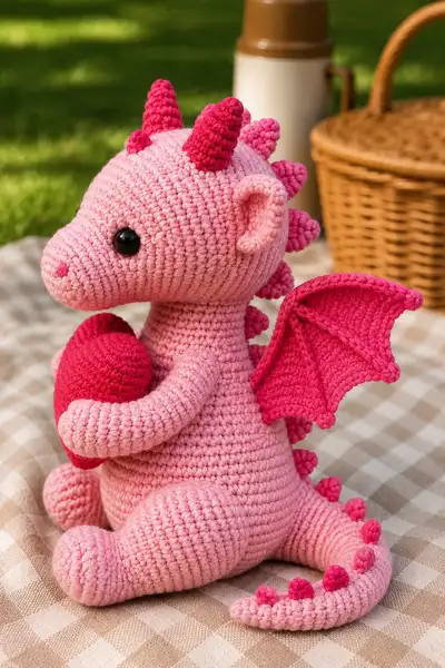 Double Valentine Hugging Heart Dragons Amigurumi Pattern step 2 - assembly progress