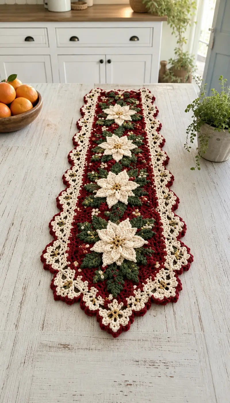 Cream Poinsettia Burgundy Lace Table Runner Pattern crochet pattern - detailed view of completed project
