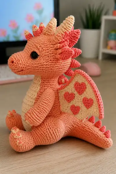Big Peachy Love Dragon Amigurumi Pattern step 2 - assembly progress