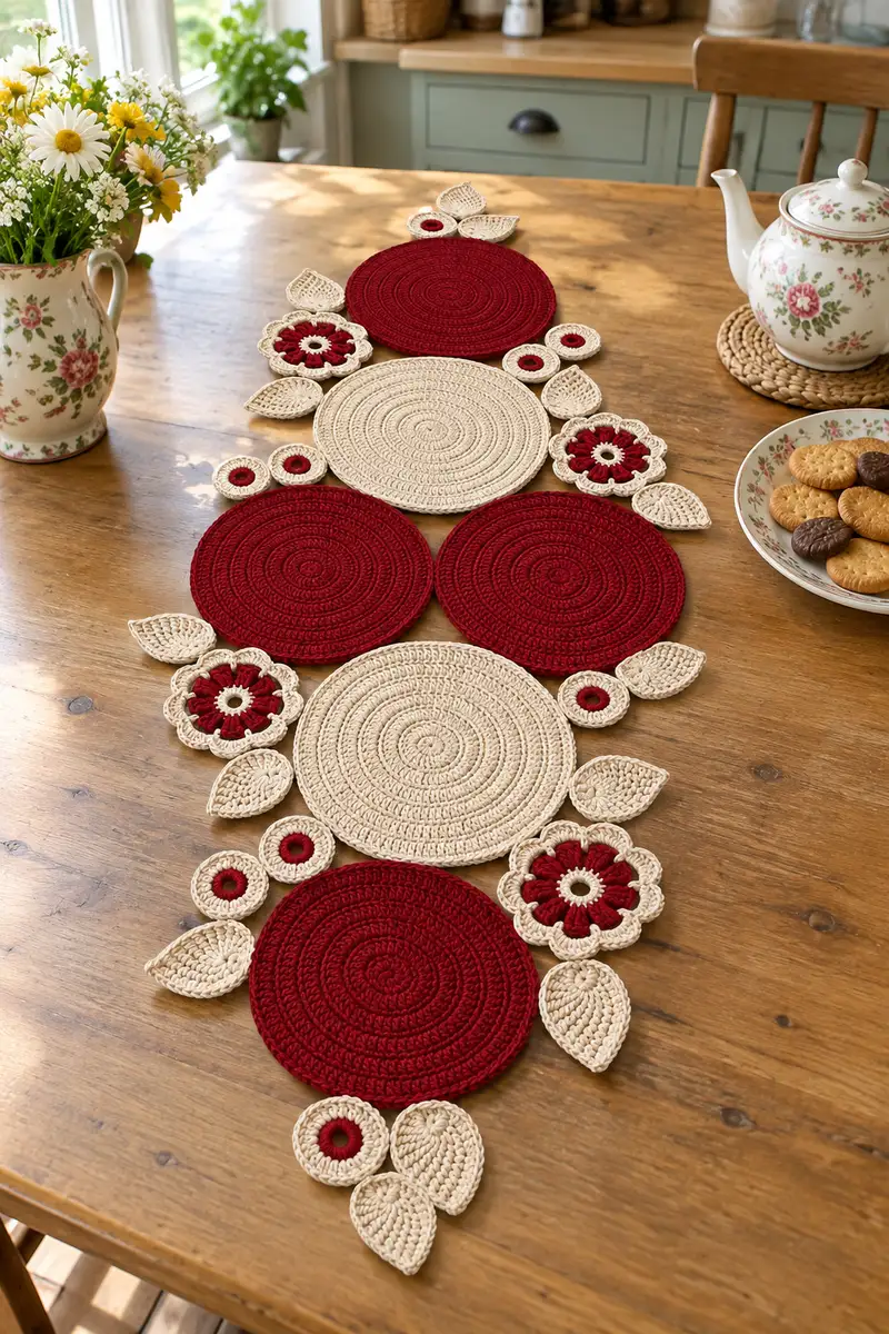Floral Circles Table Runner Pattern crochet pattern - detailed view of completed project