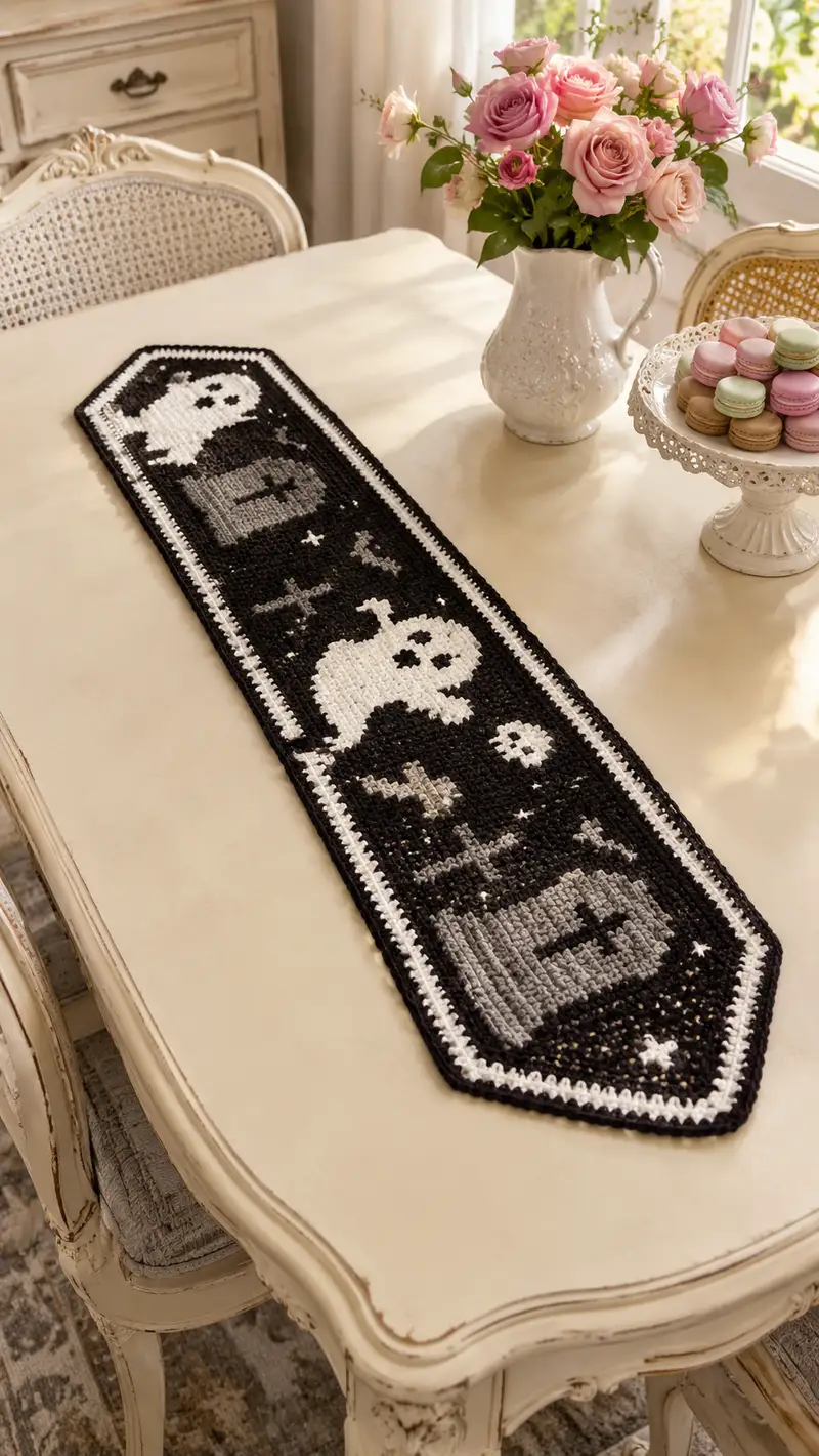 Spooky Ghost & Gravestone Table Runner Pattern crochet pattern - detailed view of completed project