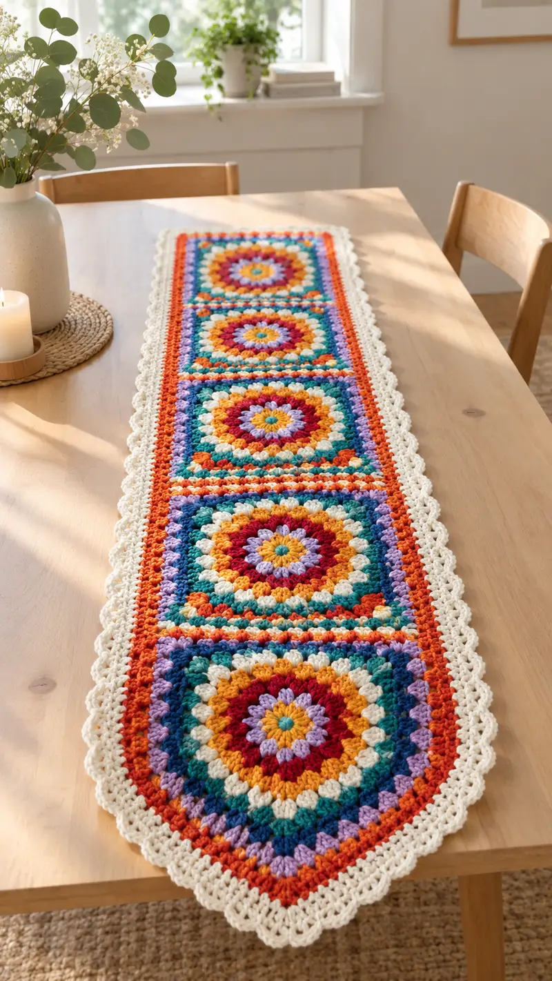 Colorburst Square Medallion Table Runner Pattern crochet pattern - detailed view of completed project