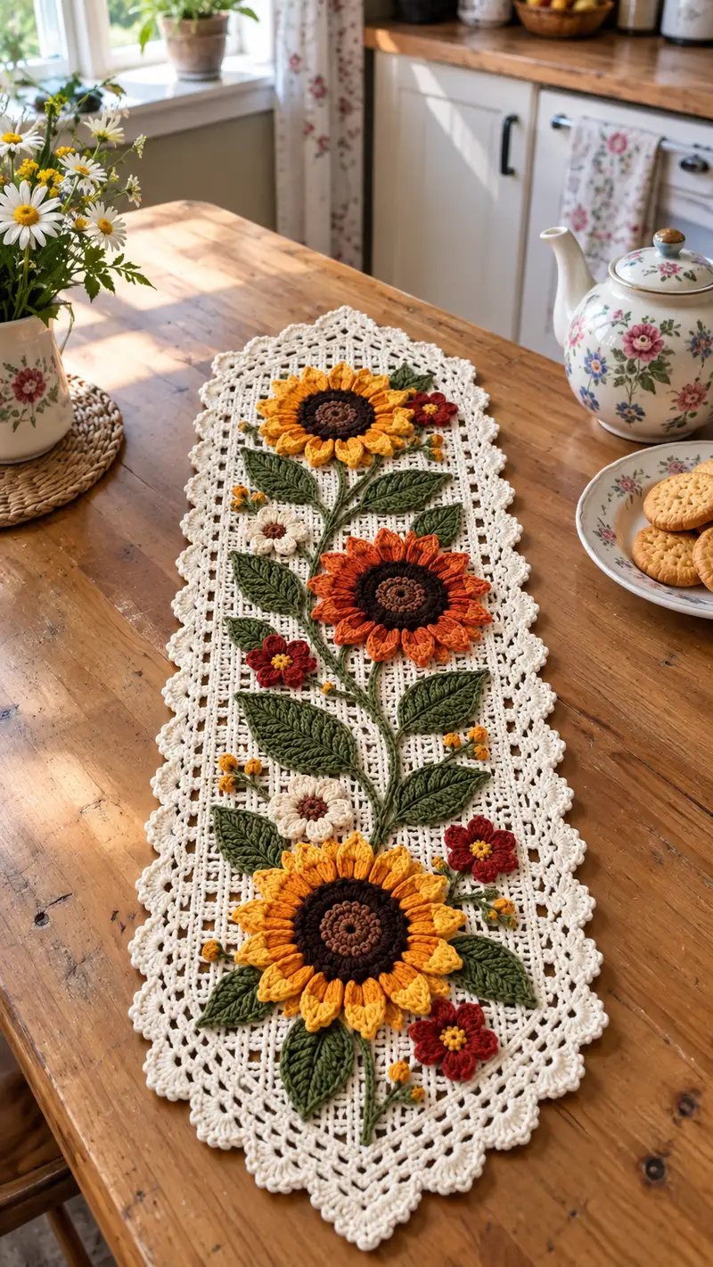 Sunflower Meadow Table Runner Pattern crochet pattern - detailed view of completed project