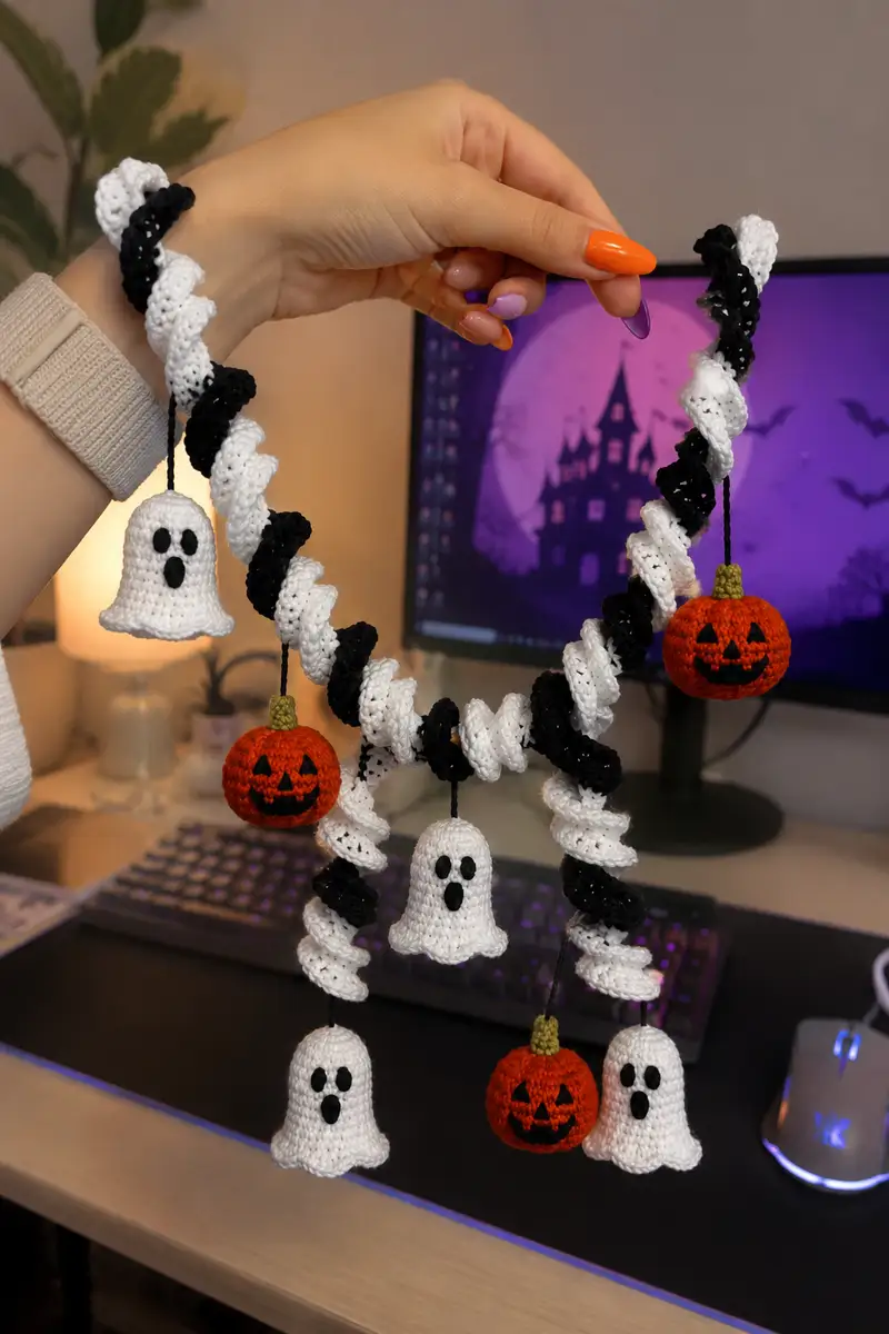 White and Black Spiral Halloween Garland with Boo Ghosts and Pumpkins Pattern crochet pattern - detailed view of completed project
