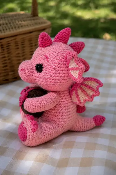 Big Candy Pink Love Dragon Holding a Chocolate Heart Box Amigurumi Pattern step 2 - assembly progress