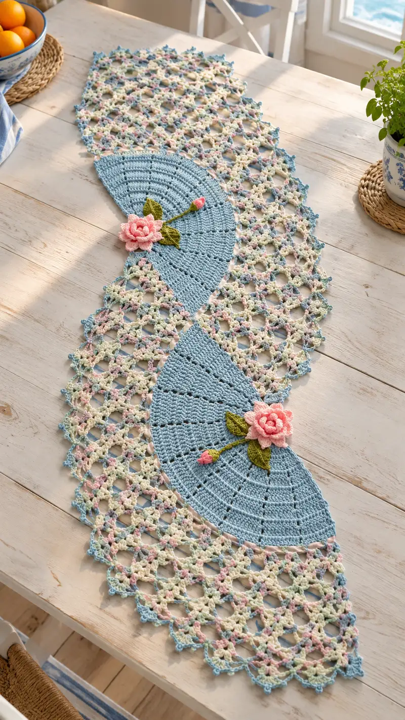Pastel Lace Table Runner Pattern crochet pattern - detailed view of completed project