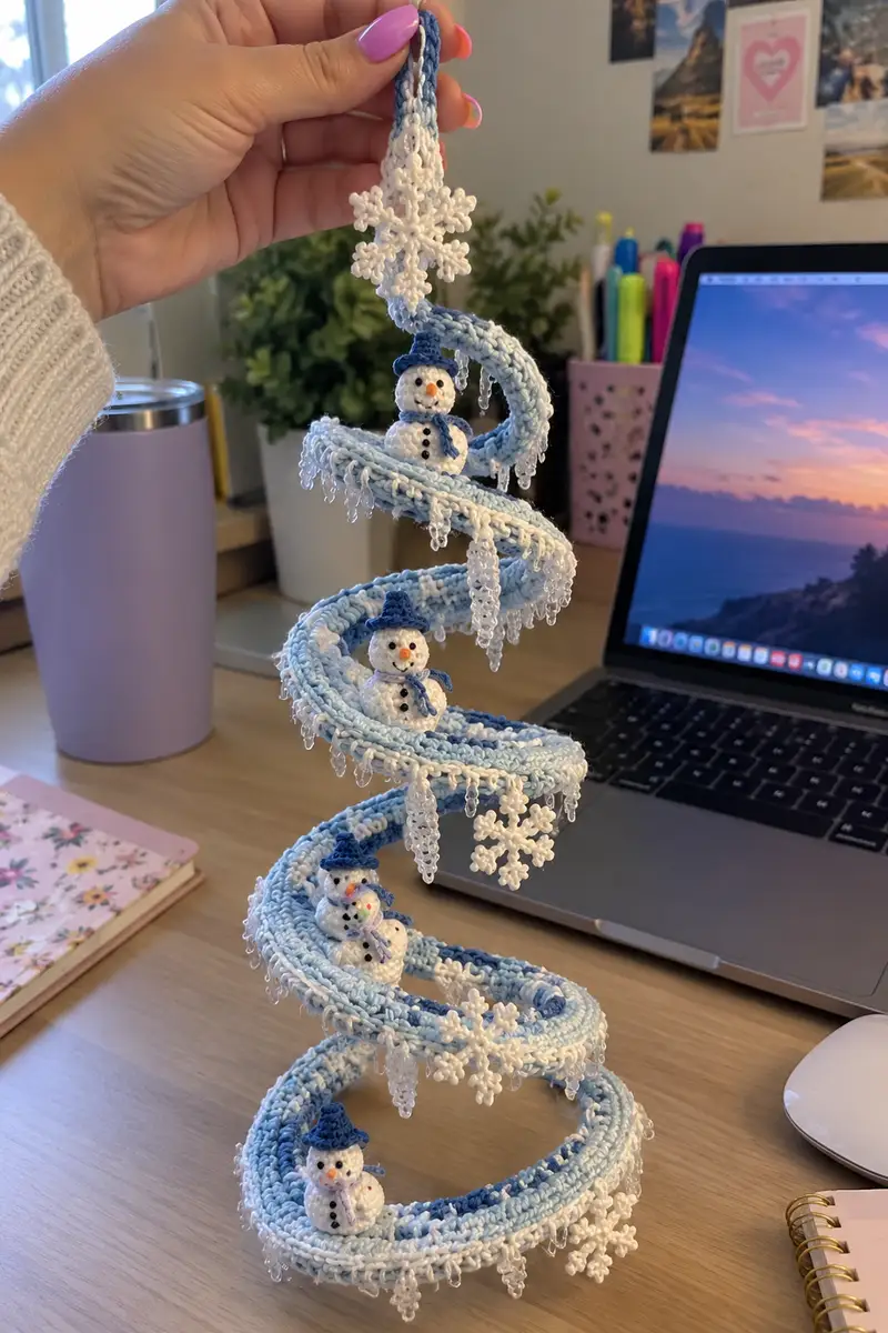 Spiral Snowman Tree Amigurumi Pattern crochet pattern - detailed view of completed project