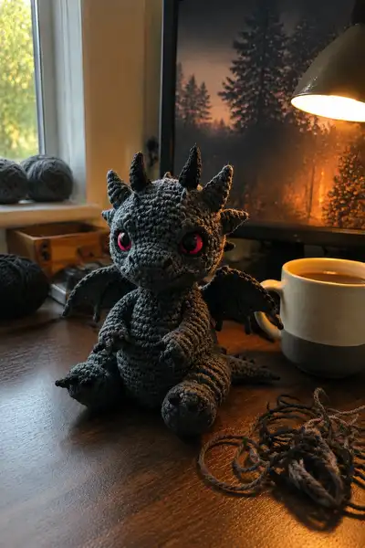 Small Grey Demon Dragon with Red Eyes Amigurumi Pattern step 1 - construction progress