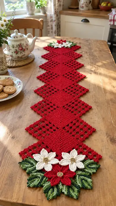 Festive Poinsettia Table Runner Pattern step 1 - construction progress