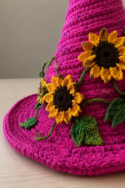 Big Tall Fuchsia Pink Spiral Witch Hat with Sunflowers and Vines Pattern step 2 - assembly progress