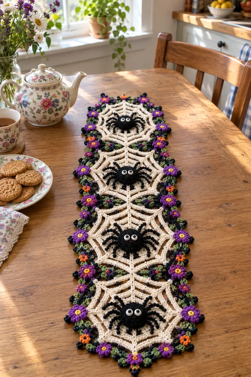 Spooky Spider Web Table Runner Pattern crochet pattern - detailed view of completed project