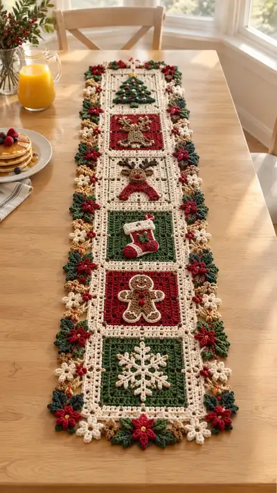 Forest Green Ivory Christmas Square Table Runner Pattern step 1 - construction progress